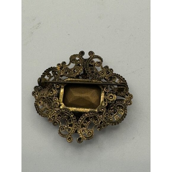 1930s Vintage Brass Filigree Big Red Stone Pin Brooch - Picture 5 of 11